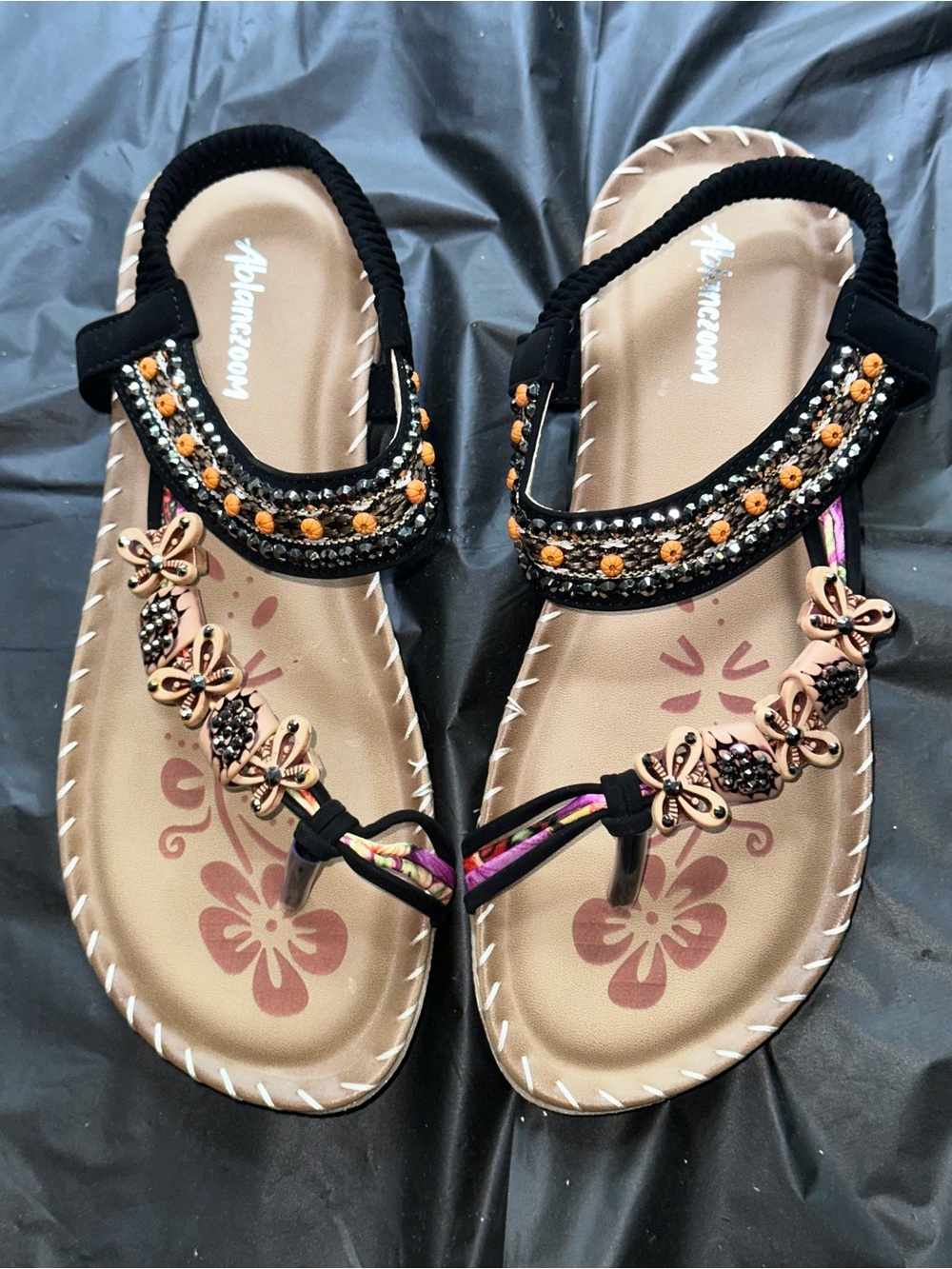 Women's Black and Tan Floral Beaded T-Strap Sandals